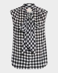 Gingham Silk Sleeveless Neck-Tie Blouse