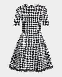 Houndstooth Fit-Flare Fringe Knit Mini Dress