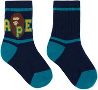 BAPE Kids Navy Striped Ape Head Socks