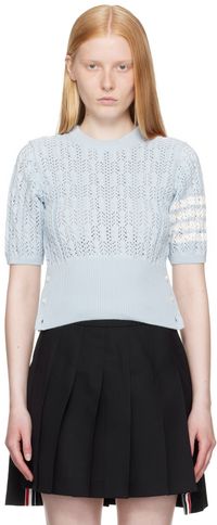 Thom Browne Blue Pointelle Cable Stitch 4-Bar Sweater