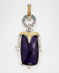 Sterling Silver and 18K Yellow Gold Pendant with Blue Diamonds and Dark Amethyst Quartz