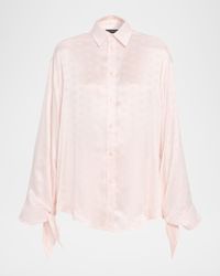 Knotted-Cuff Silk Jacquard Button-Down Blouse