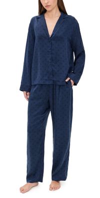 Lunya Washable Silk Long Sleeve Shirt and Pants Set Blue Ellipsis M