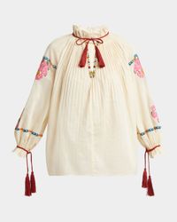 Floral Embroidered Pintuck Blouse