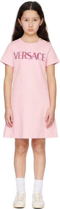 Versace Kids Pink Embellished 'Versace' Logo Dress