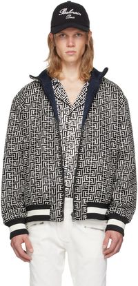 Balmain Black & Off-White Monogram Reversible Bomber Jacket