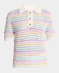 Flower Striped Crochet Short-Sleeve Polo Shirt