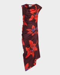 Lily-Print Draped Short-Sleeve Midi Dress