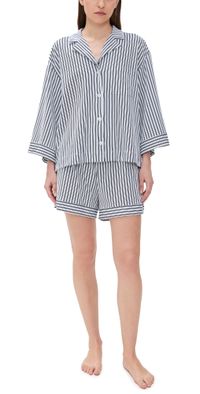 Petite Plume Pima Olivia Short PJ Set White/Navy Stripe XL