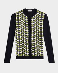 Geo-Print Silk Insert Crewneck Cardigan