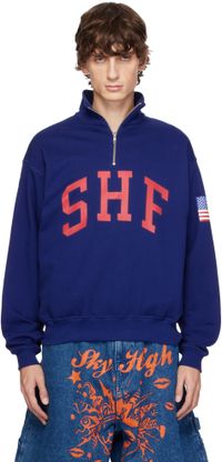 Sky High Farm Workwear Blue 'SHF' Quarter Zip Sweater