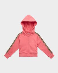 Girl's Check-Trim Cotton Zip Hoodie, Size 3-14