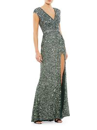 Women's V-Neck Sequin Gown - Forest Green - Size 16