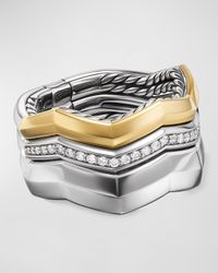 Zig Zag Stax Three Row Ring with Diamonds in 18K Gold and Silver, 11mm