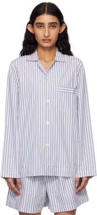 Tekla White & Blue Poplin Long-Sleeved Pyjama Shirt