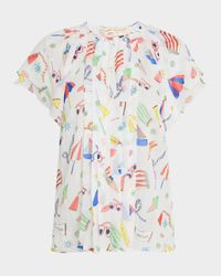 Nautical-Print Flutter Short-Sleeve Silk Blouse