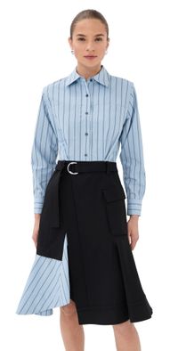3.1 Phillip Lim Flounce Skirt Long Sleeve Combo Shirt Dress Black-Oxford Blue Multi 12