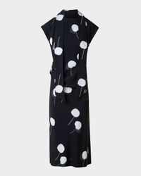 Windflower-Print Cap-Sleeve Crepe Midi Dress With Detachable Bow