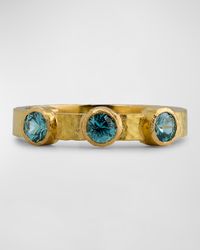 19K Yellow Gold 3 Blue Zircon Flat Ribbon Stack Ring, Size 6.5