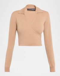 Long-Sleeve Crop Wrap Polo Sweater