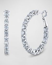 18K White Gold Round Diamond Wire Cup Hoop Earrings, 1"L, 2.85tcw
