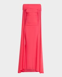 Ruched Off-The-Shoulder Mesh Cape Gown