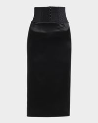 Corset-Waist Stretch Satin Midi Skirt