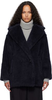 Max Mara Navy Olga Short Faux-Fur Coat