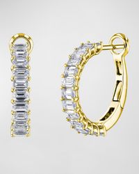 18K White Gold Emerald-Cut Diamond Halfway Huggie Hoop Earrings, 2.6tcw/0.75"L