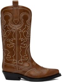 GANNI Bottes de cowboy hauteur mi-mollet brunes à ornements brodés