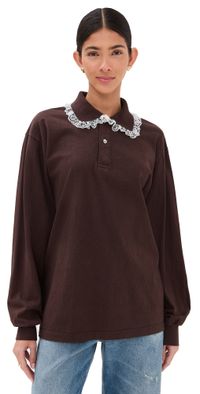 Tanner Fletcher Cletus Lace Trim Long Sleeve Polo Brown XS
