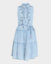 Glori Tiered Embroidered Denim Midi Dress