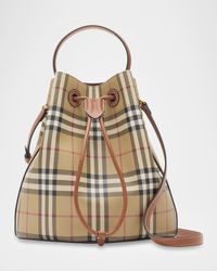 Check Small Drawstring Bucket Bag