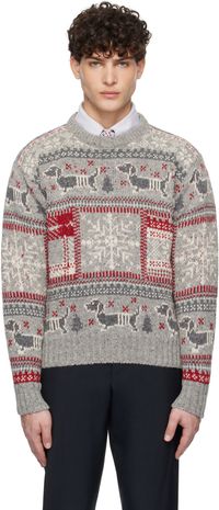Thom Browne Gray & Red Holiday Hector Mohair Crew Neck Sweater