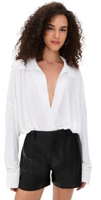 Norma Kamali Super Oversized Boyfriend Neck Shirt Bodysuit Snow White XS