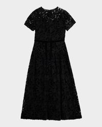Farah Puff-Sleeve Velvet Lace Midi Dress