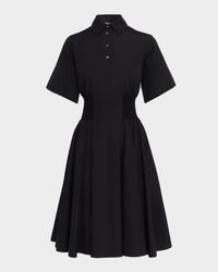 Short-Sleeve Cinched-Waist Poplin Midi Shirtdress