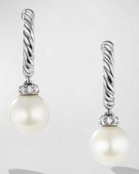 Pearl and Pave Solari Drop Earrings with Diamonds in Silver, 5mm, 0.75"L