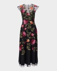 Floral-Embroidered Tulle Midi Dress