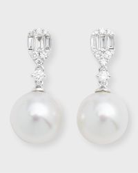 18K White Gold 10.5mm South Sea Pearl Earrings with Diamond Rounds and Baguettes