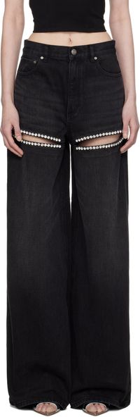 AREA Black Wide Leg Crystal Slit Jeans