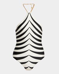 Optical Scaloppe-Print Halterneck One-Piece Swimsuit With Chain