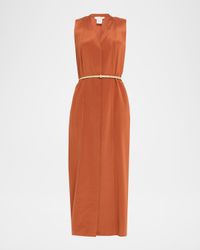 Sleeveless Stretch Silk Midi Dress with Leather Belt
