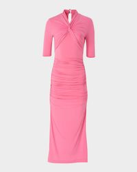 Twisted-Neck Ruched Midi Dress