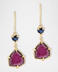 Pink Tourmaline and Sapphire Heart Drop Earrings in 14K Yellow Gold