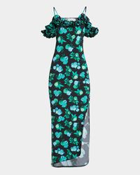 Apple-Print Ruffle Off-The-Shoulder Midi Dress