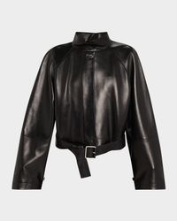 High-Neck Leather Belted Crop Trench Jacket