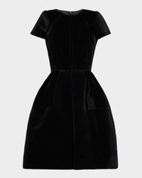 Pleated Velvet Short-Sleeve Fit-&-Flare Dress