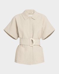 Gingham Seersucker Short-Sleeve Jacket With Belt