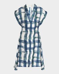 Brushstroke Check Short Silk Dress
